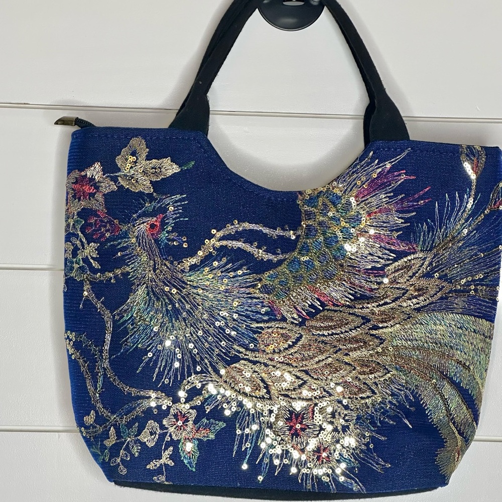 Elegant Embroidered peacock  Tote Bag in Blue